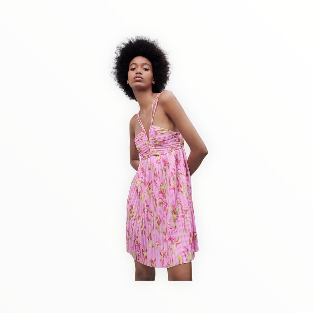 ZARA | Pink | PRINTED PLEATED DRESS - Picture 6 of 10
